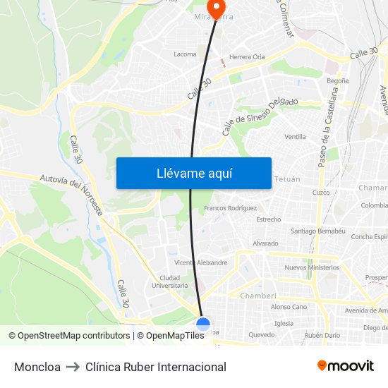 Moncloa to Clínica Ruber Internacional map