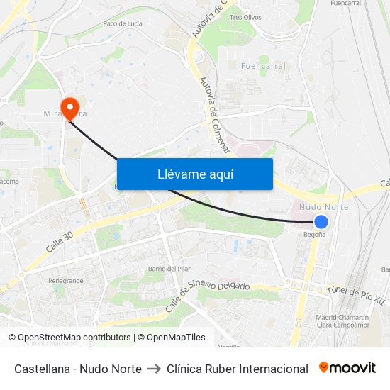 Castellana - Nudo Norte to Clínica Ruber Internacional map