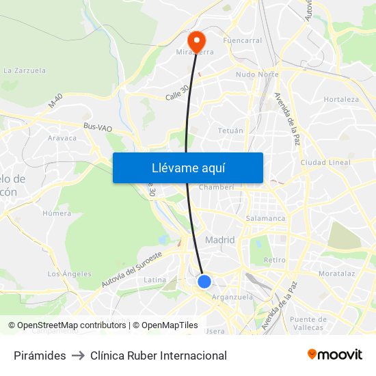 Pirámides to Clínica Ruber Internacional map