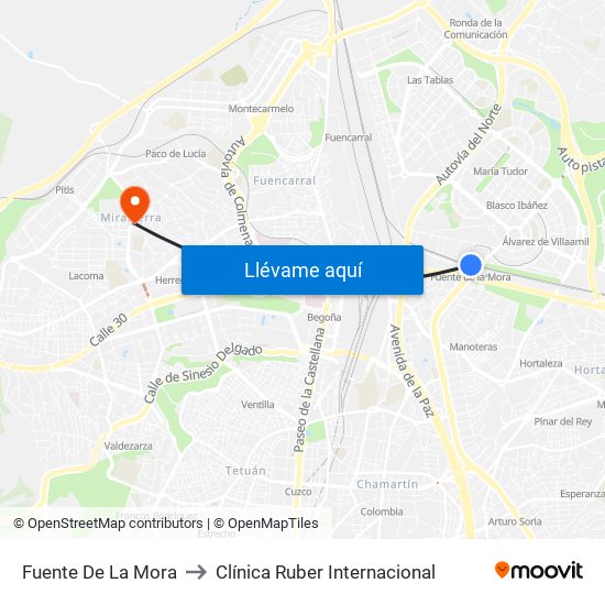 Fuente De La Mora to Clínica Ruber Internacional map