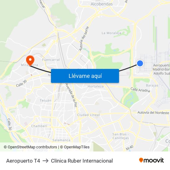 Aeropuerto T4 to Clínica Ruber Internacional map