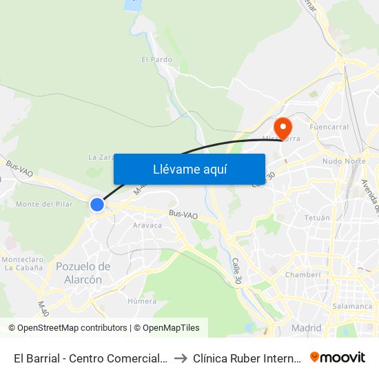 El Barrial - Centro Comercial Pozuelo to Clínica Ruber Internacional map