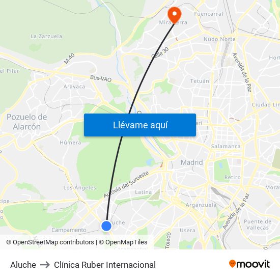 Aluche to Clínica Ruber Internacional map