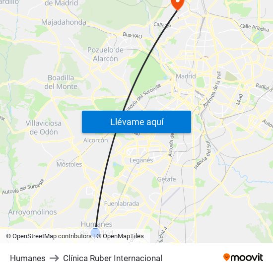 Humanes to Clínica Ruber Internacional map