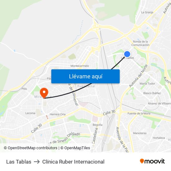 Las Tablas to Clínica Ruber Internacional map