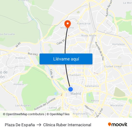 Plaza De España to Clínica Ruber Internacional map
