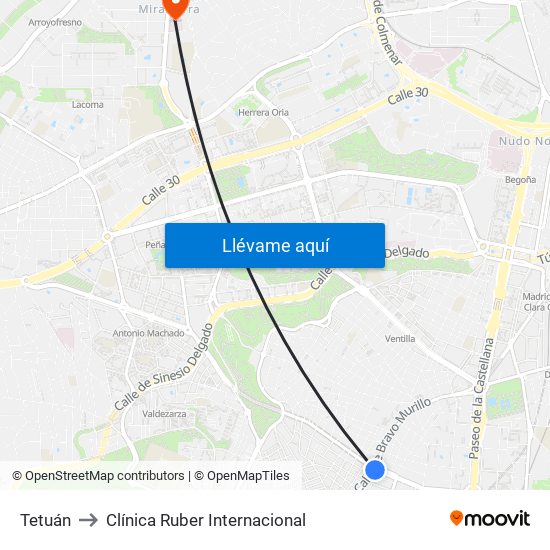 Tetuán to Clínica Ruber Internacional map
