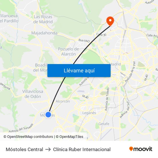 Móstoles Central to Clínica Ruber Internacional map