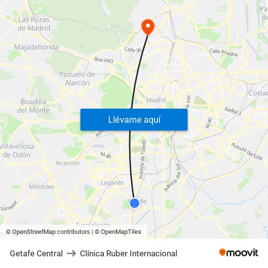 Getafe Central to Clínica Ruber Internacional map