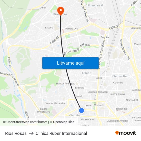 Ríos Rosas to Clínica Ruber Internacional map