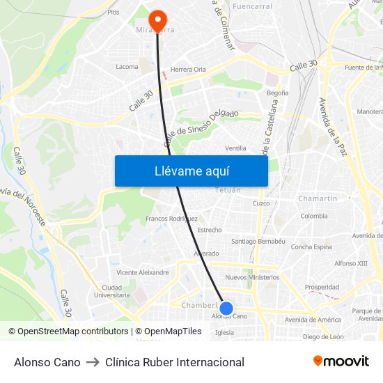 Alonso Cano to Clínica Ruber Internacional map