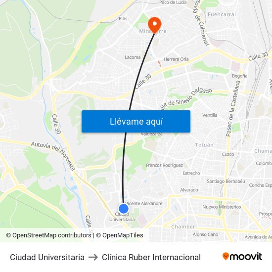 Ciudad Universitaria to Clínica Ruber Internacional map