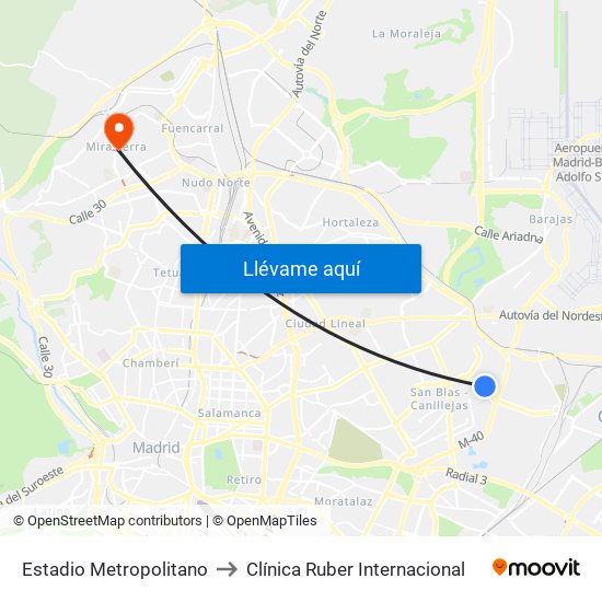 Estadio Metropolitano to Clínica Ruber Internacional map