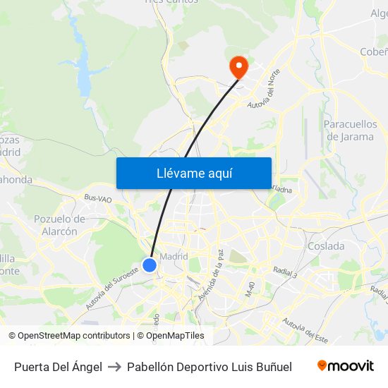 Puerta Del Ángel to Pabellón Deportivo Luis Buñuel map