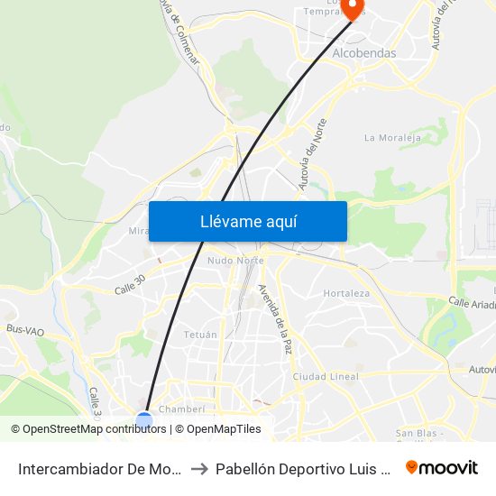 Intercambiador De Moncloa to Pabellón Deportivo Luis Buñuel map