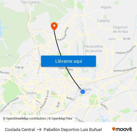 Coslada Central to Pabellón Deportivo Luis Buñuel map