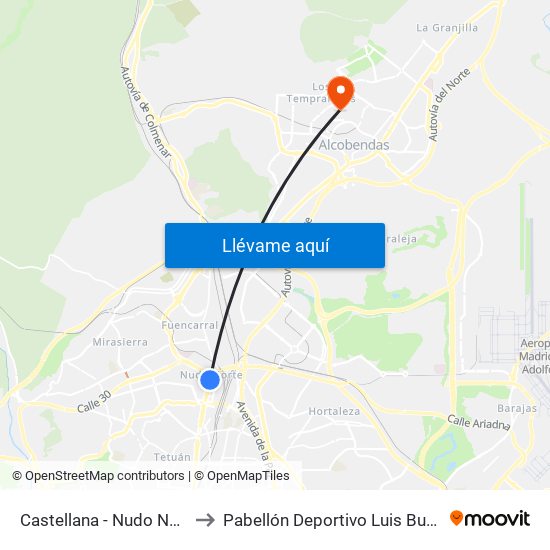 Castellana - Nudo Norte to Pabellón Deportivo Luis Buñuel map