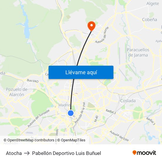 Atocha to Pabellón Deportivo Luis Buñuel map