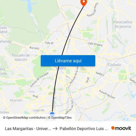 Las Margaritas - Universidad to Pabellón Deportivo Luis Buñuel map