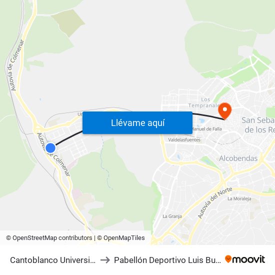 Cantoblanco Universidad to Pabellón Deportivo Luis Buñuel map