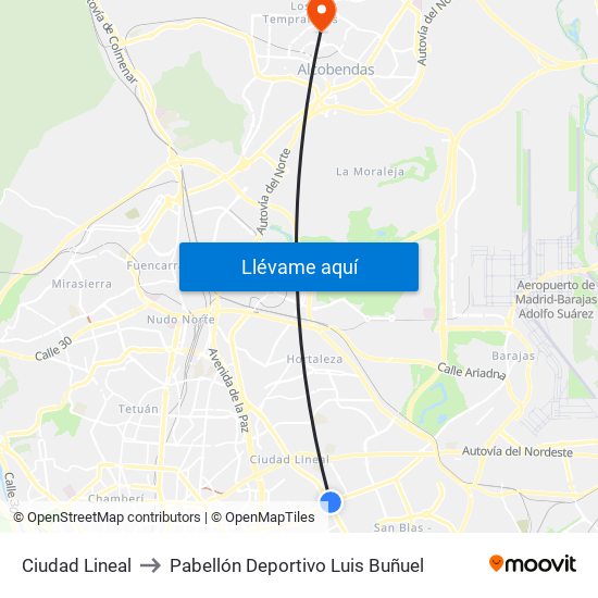 Ciudad Lineal to Pabellón Deportivo Luis Buñuel map