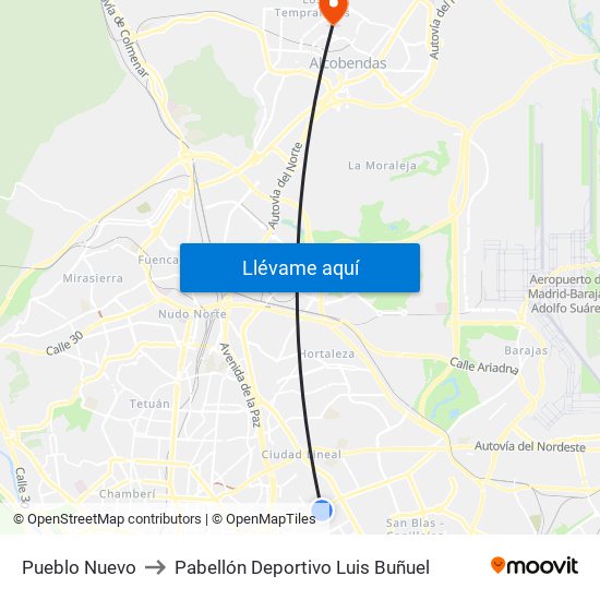 Pueblo Nuevo to Pabellón Deportivo Luis Buñuel map