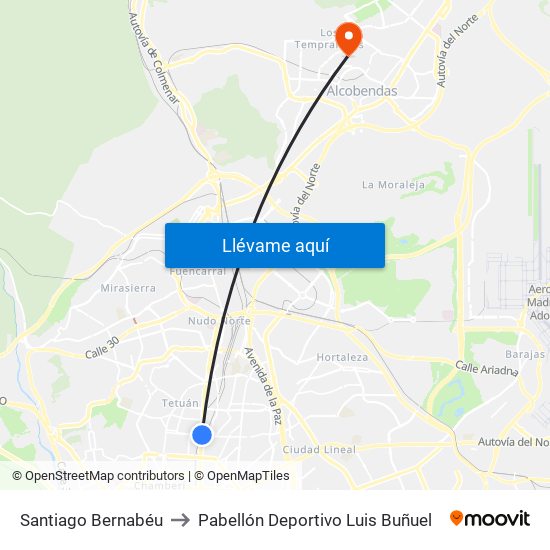 Santiago Bernabéu to Pabellón Deportivo Luis Buñuel map