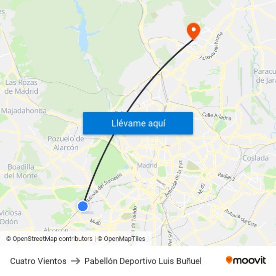 Cuatro Vientos to Pabellón Deportivo Luis Buñuel map