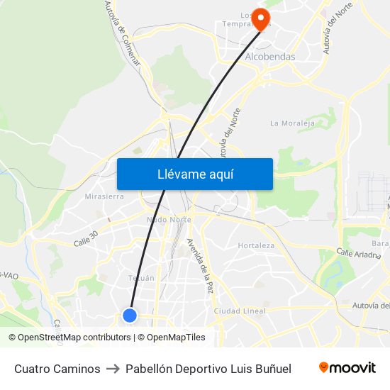 Cuatro Caminos to Pabellón Deportivo Luis Buñuel map