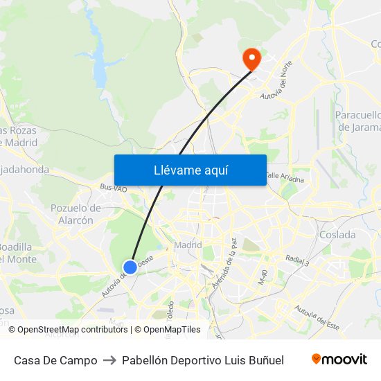 Casa De Campo to Pabellón Deportivo Luis Buñuel map