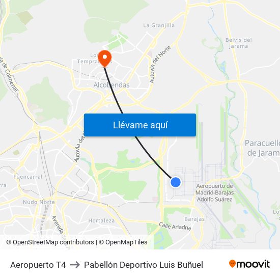 Aeropuerto T4 to Pabellón Deportivo Luis Buñuel map