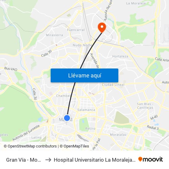 Gran Vía - Montera to Hospital Universitario La Moraleja Sanitas map