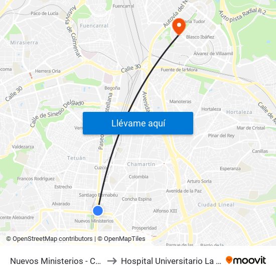 Nuevos Ministerios - Centro Comercial to Hospital Universitario La Moraleja Sanitas map