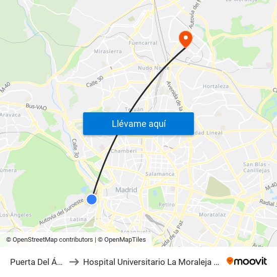 Puerta Del Ángel to Hospital Universitario La Moraleja Sanitas map