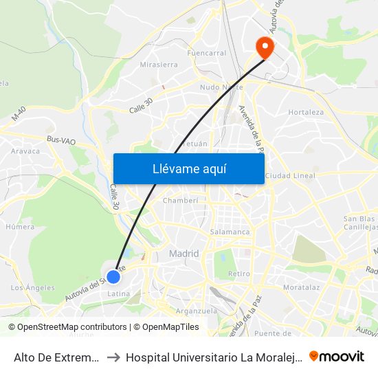 Alto De Extremadura to Hospital Universitario La Moraleja Sanitas map