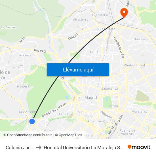 Colonia Jardín to Hospital Universitario La Moraleja Sanitas map