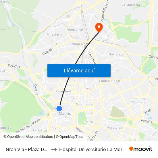 Gran Vía - Plaza De España to Hospital Universitario La Moraleja Sanitas map