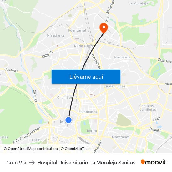 Gran Vía to Hospital Universitario La Moraleja Sanitas map