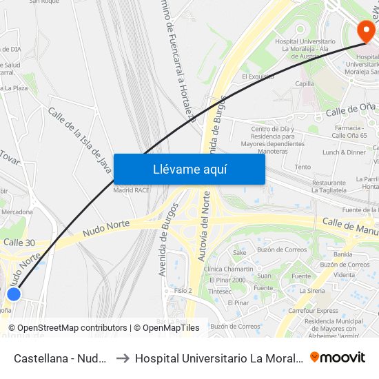 Castellana - Nudo Norte to Hospital Universitario La Moraleja Sanitas map