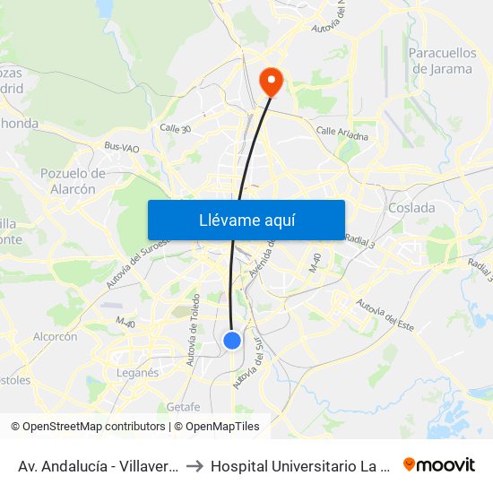 Av. Andalucía - Villaverde Bajo Cruce to Hospital Universitario La Moraleja Sanitas map