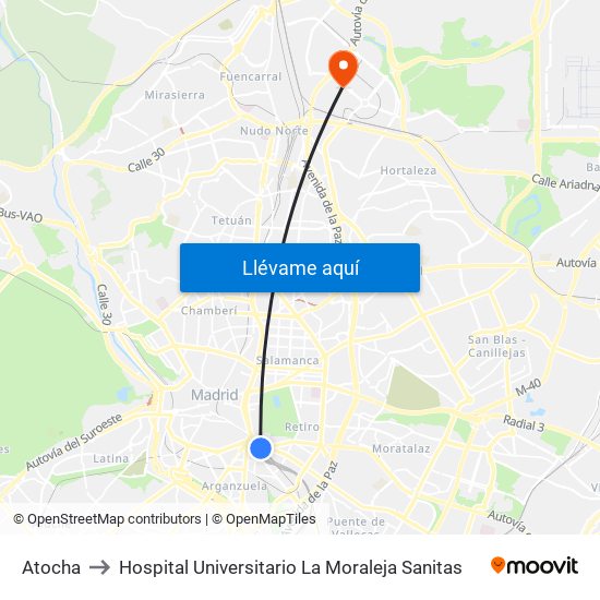 Atocha to Hospital Universitario La Moraleja Sanitas map