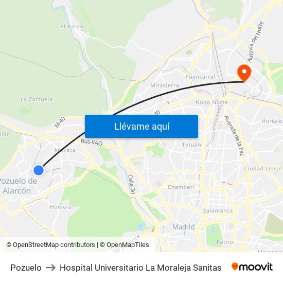 Pozuelo to Hospital Universitario La Moraleja Sanitas map