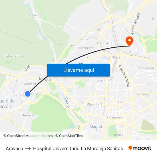 Aravaca to Hospital Universitario La Moraleja Sanitas map