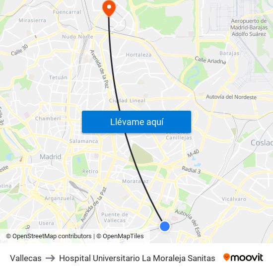 Vallecas to Hospital Universitario La Moraleja Sanitas map
