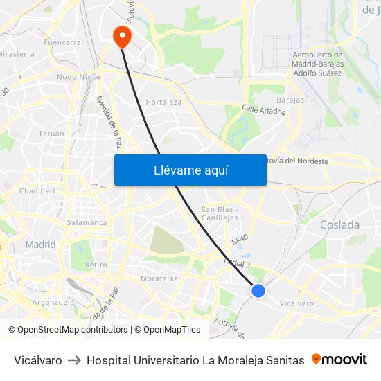 Vicálvaro to Hospital Universitario La Moraleja Sanitas map
