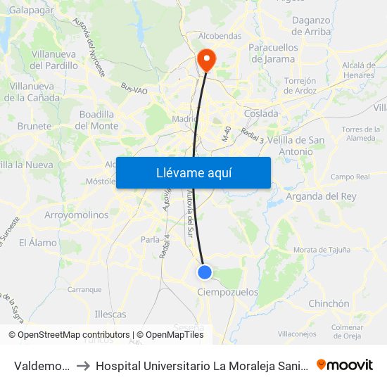 Valdemoro to Hospital Universitario La Moraleja Sanitas map