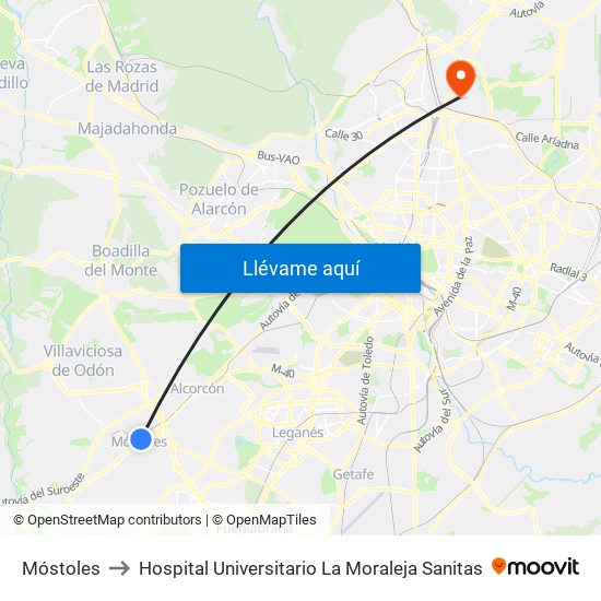 Móstoles to Hospital Universitario La Moraleja Sanitas map