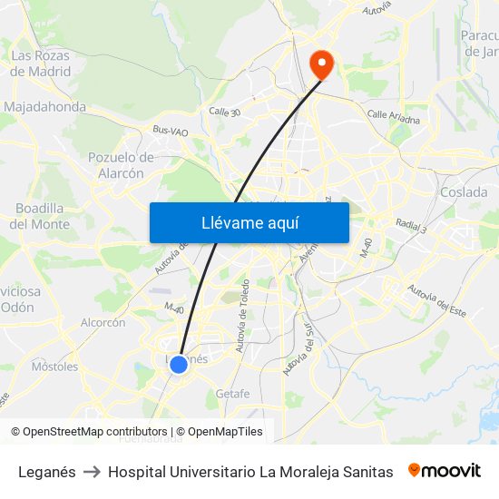 Leganés to Hospital Universitario La Moraleja Sanitas map