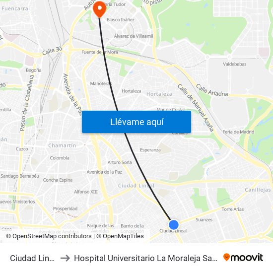 Ciudad Lineal to Hospital Universitario La Moraleja Sanitas map