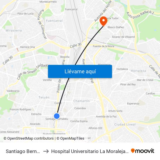 Santiago Bernabéu to Hospital Universitario La Moraleja Sanitas map